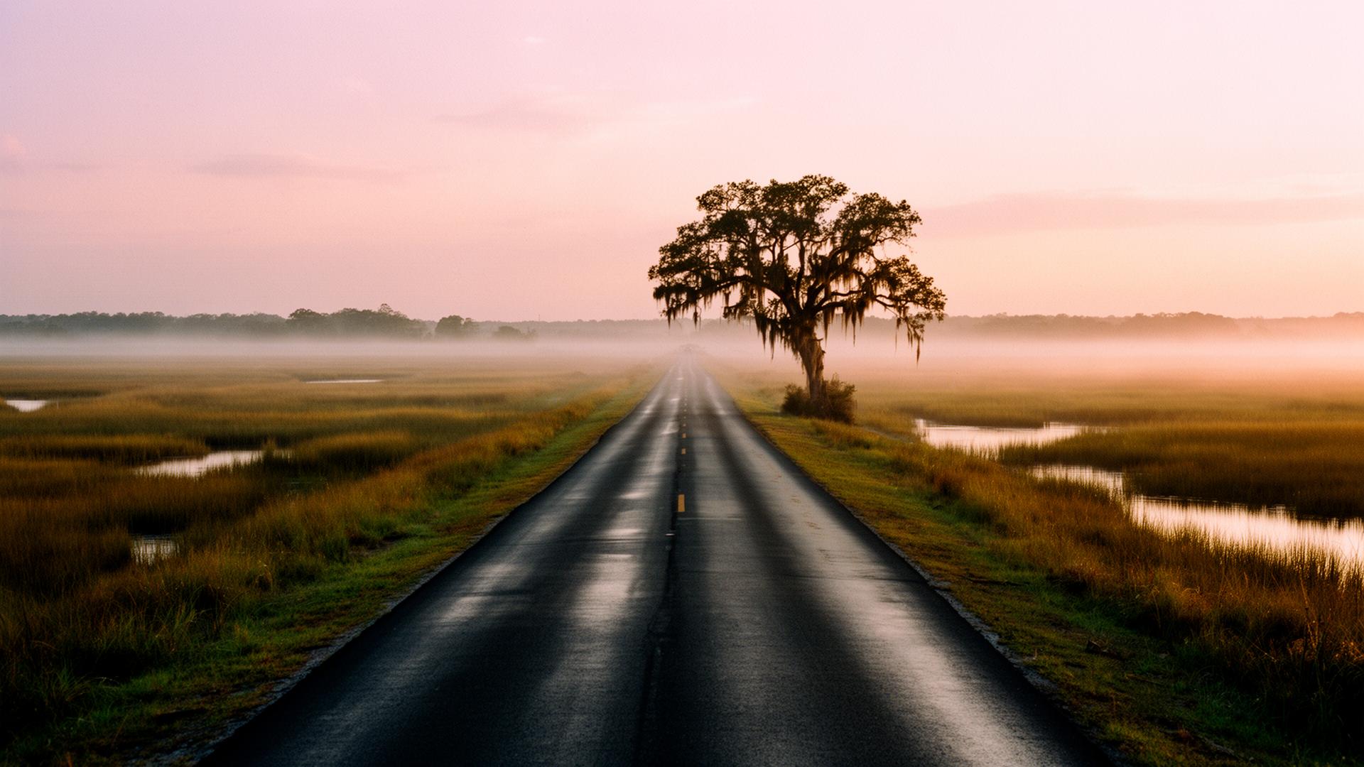 Empty two-lane coastal road slicing through a Georgia salt marsh at first light