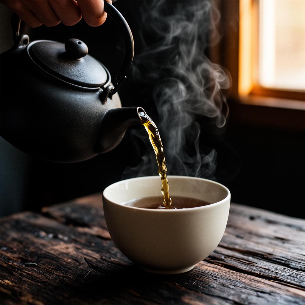 Dark amber yaupon tea pouring from a cast iron kettle, steam rising in the morning light