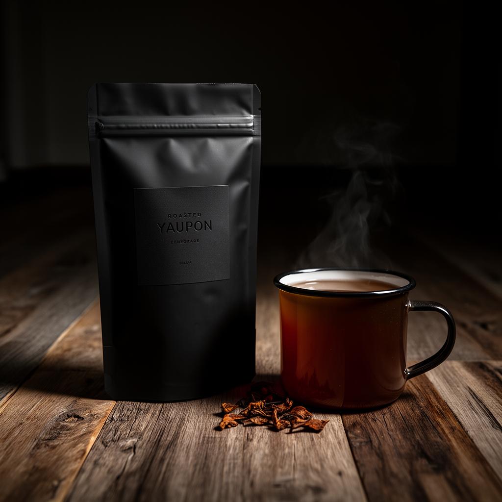 Matte-black resealable yaupon tea pouch beside a heavy enamel mug of dark amber tea, steam catching low side light on weathered live oak floorboards