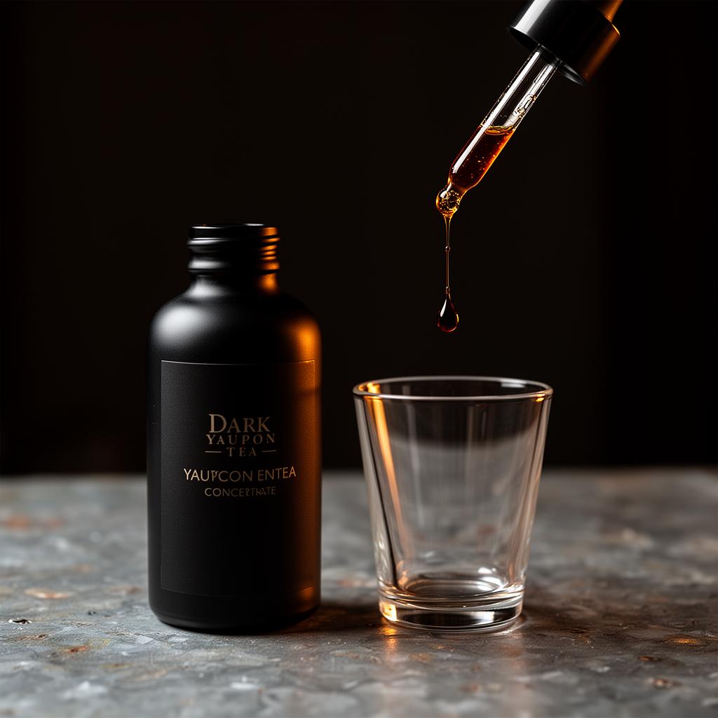 Matte-black apothecary glass bottle of dark yaupon concentrate on weathered zinc, dropper releasing a single amber drop above an empty crystal glass