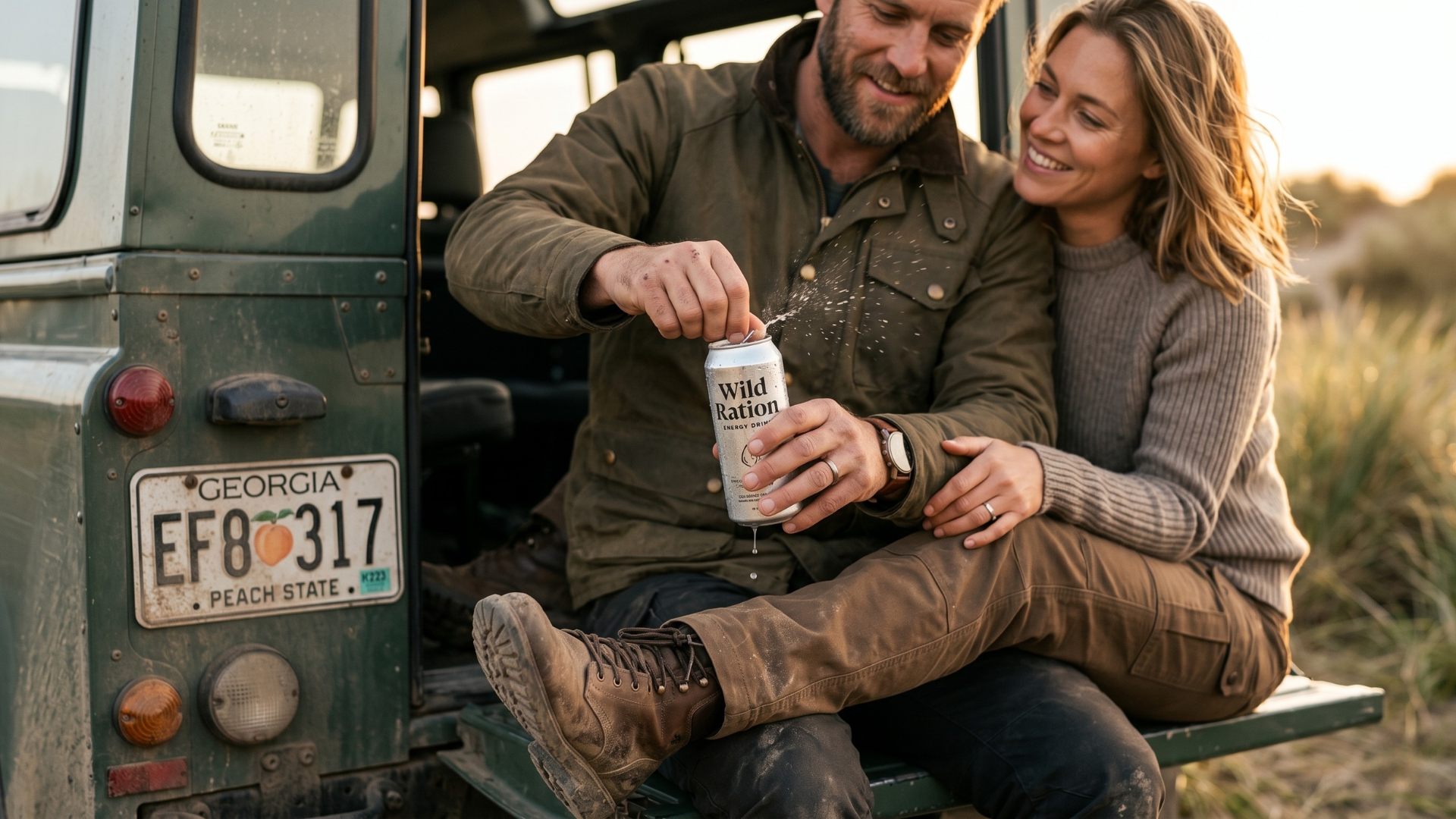 Couple sharing a Wild Ration can on the tailgate of a Defender in coastal grasslands at golden hour