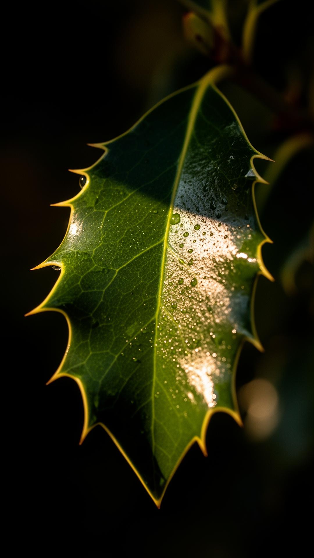 Macro of fresh yaupon holly leaf with dew drops, warm directional side light